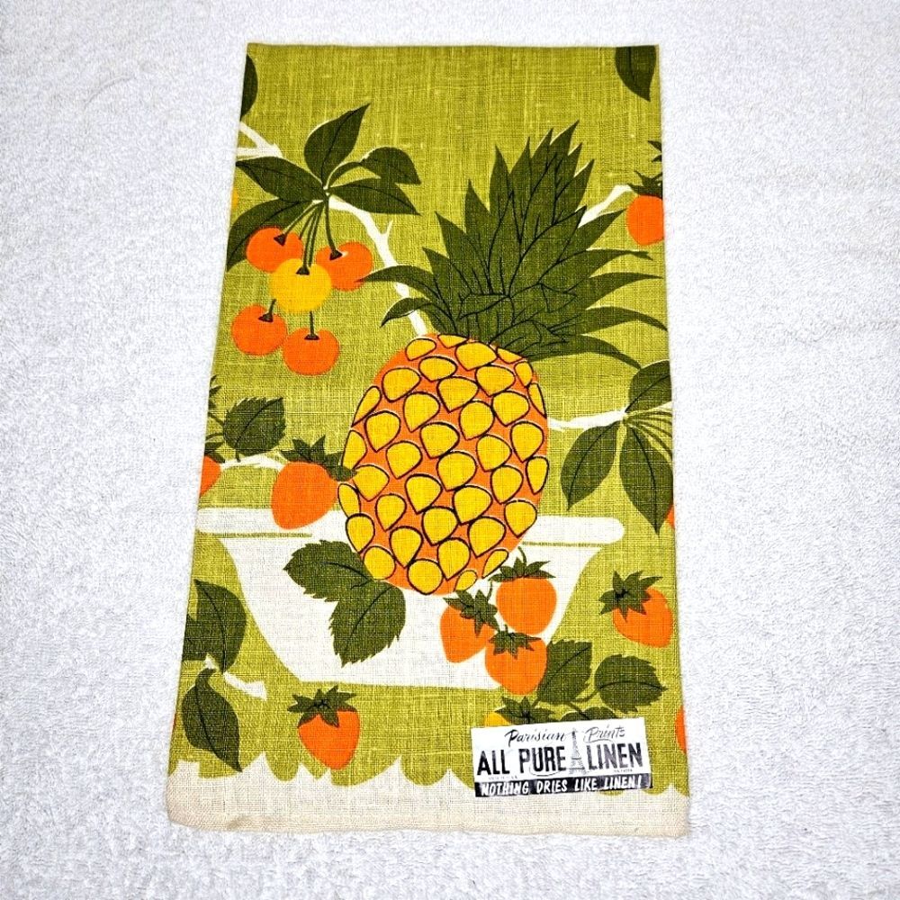 Parisian Prints Linen Tropical Print Pineapple Strawberries Cherries Dish Cloth